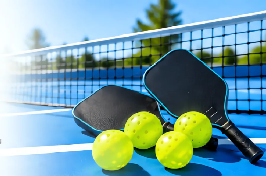Hai cây vợt và bóng pickleball cạnh lưới